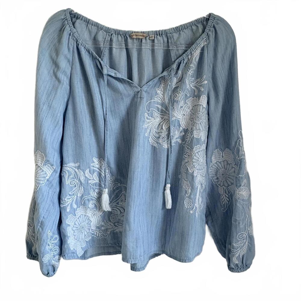 Soft Surroundings | Women’s Long Sleeve Chambray Embroidered Tassel Top Size M